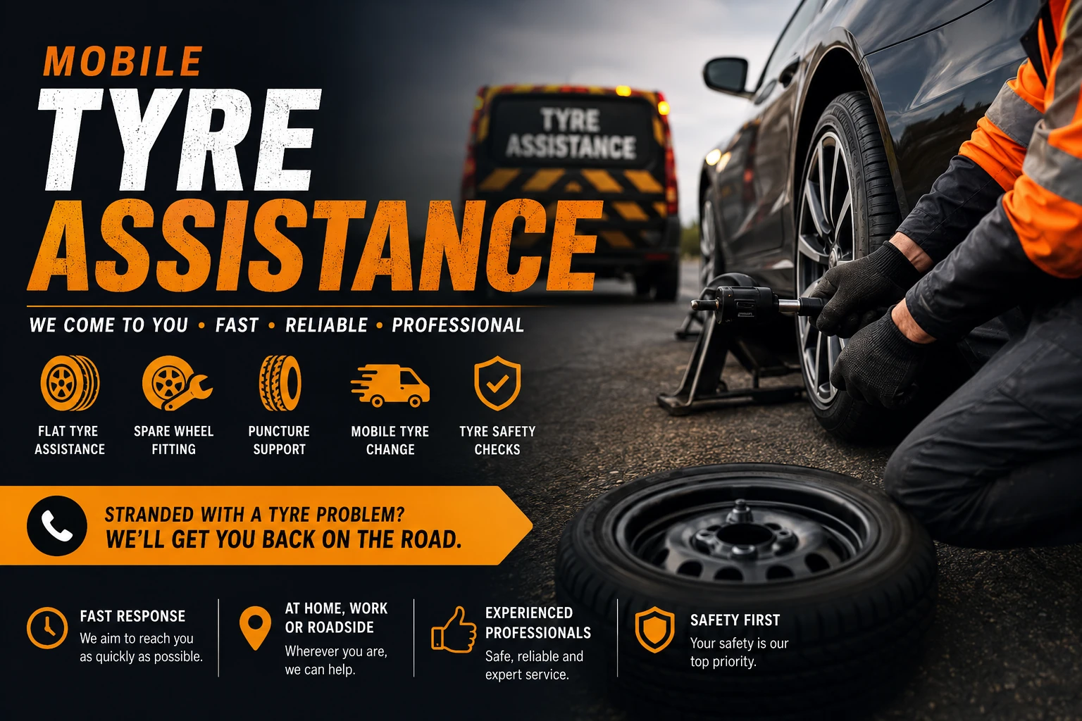 Mobile tyre change and roadside tyre assistance at a safe parking location